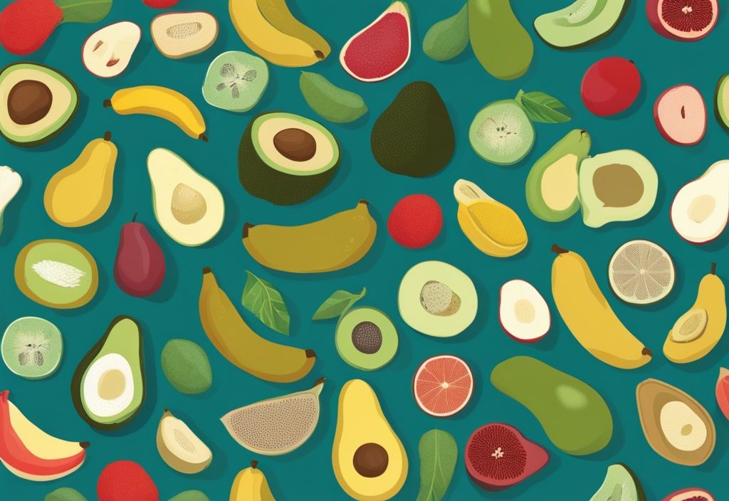 Illustrazione digitale moderna di frutta con più proteine, tra cui avocado, banane e guava, disposte in file ordinate e etichettate con il contenuto proteico.