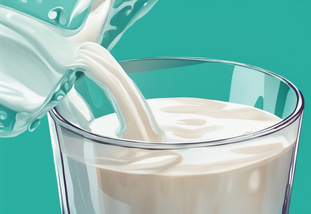 Illustrazione digitale moderna di un bicchiere di latte con ingrandimento della struttura, evidenziando proteine del latte e lattosio, tema colore teal.