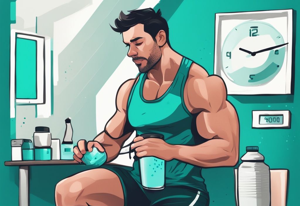 Illustrazione digitale moderna di un appassionato di fitness che consuma proteine in polvere dopo l'allenamento, con un orologio a parete evidenziato che mostra i tempi ottimali durante la giornata. Parola chiave: quando prendere le proteine in polvere.