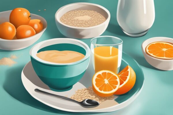 Illustrazione digitale moderna con tema colorato in teal, che mostra una colazione sana con diverse varietà di proteine in polvere a colazione versate in una ciotola di avena, accanto a un bicchiere di succo d'arancia e un piatto di frutta.