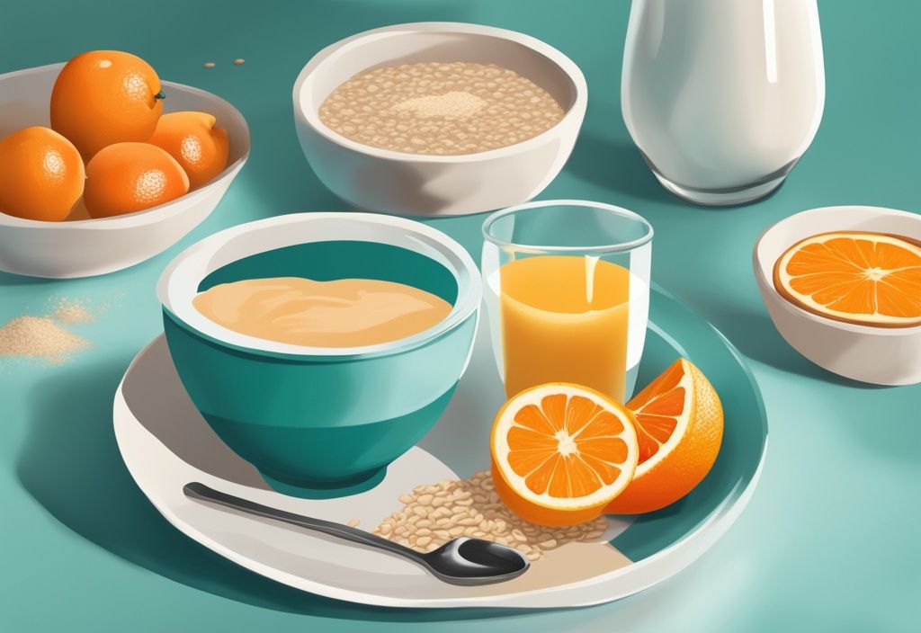 Illustrazione digitale moderna con tema colorato in teal, che mostra una colazione sana con diverse varietà di proteine in polvere a colazione versate in una ciotola di avena, accanto a un bicchiere di succo d'arancia e un piatto di frutta.