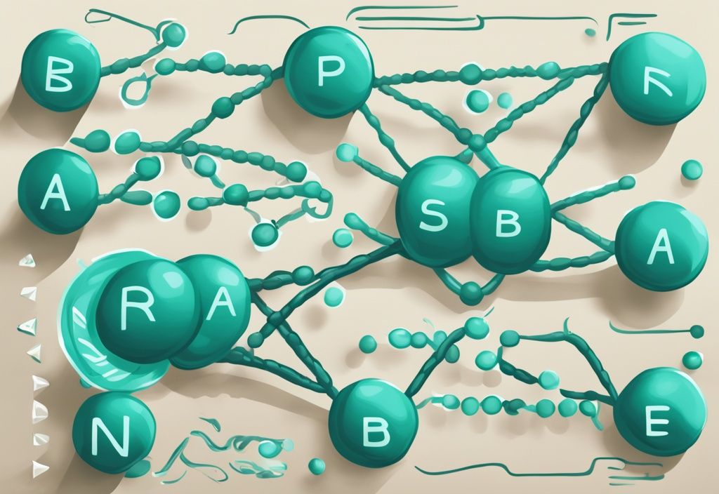 Illustrazione moderna della sintesi proteica in stile cartone animato con DNA, mRNA, ribosomi e catena proteica, tema colore teal