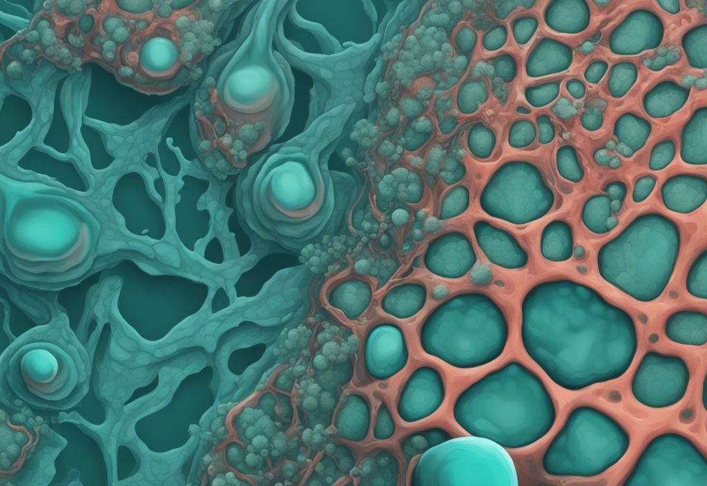 Illustrazione digitale moderna di proteine idrolizzate o isolate in vista ingrandita, con strutture evidenziate per indicare il processo di scomposizione o isolamento, tema colore principale teal