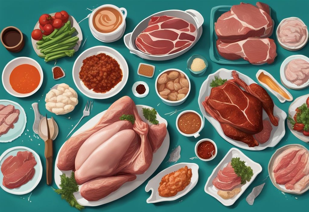 Illustrazione digitale moderna di carni magre, tra cui pollo, tacchino, bistecca e pesce, con contenuto proteico indicato, tema colore teal.