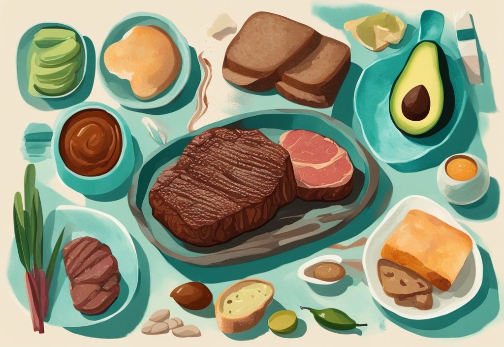 Illustrazione digitale moderna di cibi vari come bistecca, pane e avocado, che rappresentano proteine, carboidrati e grassi, con tema principale in teal.