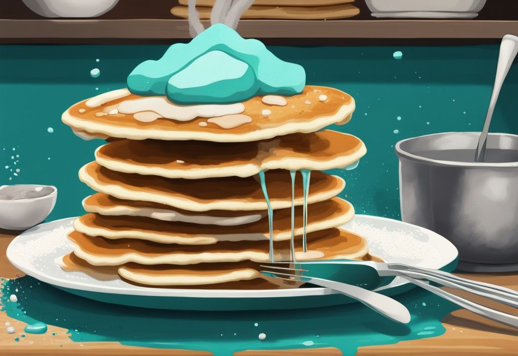 Illustrazione digitale moderna di pancake soffici spolverati con proteine, con frusta e ciotola di pastella, su sfondo rustico di cucina, tema colore teal