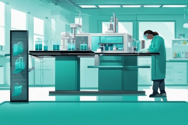 Illustrazione digitale moderna di un laboratorio con tema colore teal, dove viene caricato un campione di proteine in un gel per proteine elettroforesi delle s.