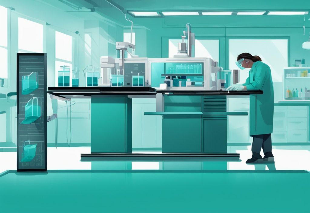 Illustrazione digitale moderna di un laboratorio con tema colore teal, dove viene caricato un campione di proteine in un gel per proteine elettroforesi delle s.