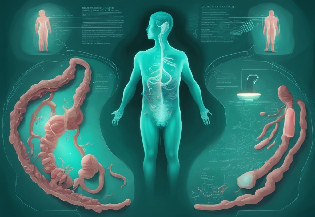 Illustrazione digitale moderna con tema principale color teal, visualizzazione del corpo umano che evidenzia il sistema digestivo con un focus sullo stomaco e rappresentazioni simboliche delle proteine che si scompongono in aminoacidi, digestione delle proteine.