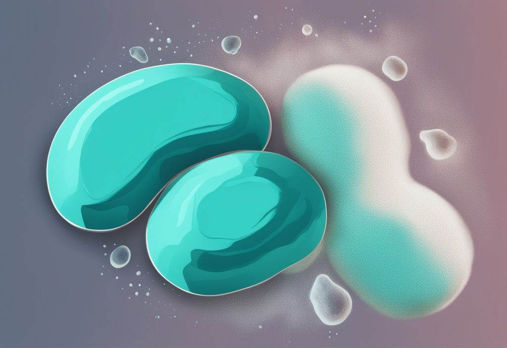 Illustrazione digitale moderna con tema principale color teal che rappresenta un rene con sovrapposizione degli effetti nocivi delle proteine in polvere; le proteine in polvere fanno male ai reni.