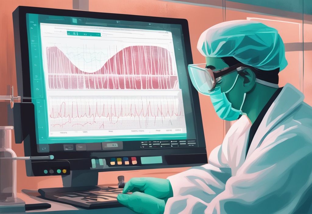 Analisi di elettroforesi delle proteine sieriche da parte di uno scienziato di laboratorio in un'illustrazione digitale moderna con tema colore teal.