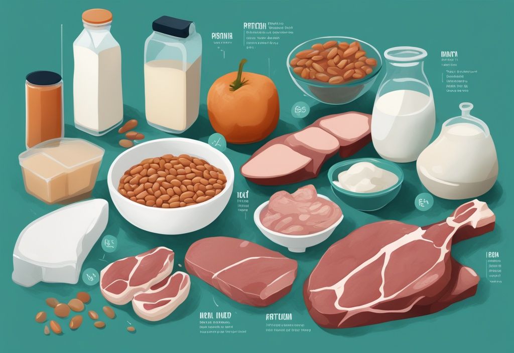 Illustrazione digitale moderna con tema principale color teal che mostra vari alimenti come carne, fagioli e latticini con etichette che indicano un apporto totale di 60 grammi di proteine.