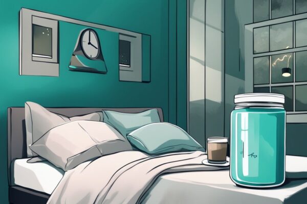 Illustrazione digitale moderna di una camera da letto serena con tema di colore teal, un comodino con bicchiere di frullato di proteine, barattolo di proteine in polvere e orologio digitale che mostra un'ora tarda; proteine prima di dormire.