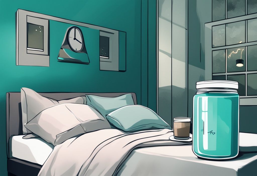 Illustrazione digitale moderna di una camera da letto serena con tema di colore teal, un comodino con bicchiere di frullato di proteine, barattolo di proteine in polvere e orologio digitale che mostra un'ora tarda; proteine prima di dormire.