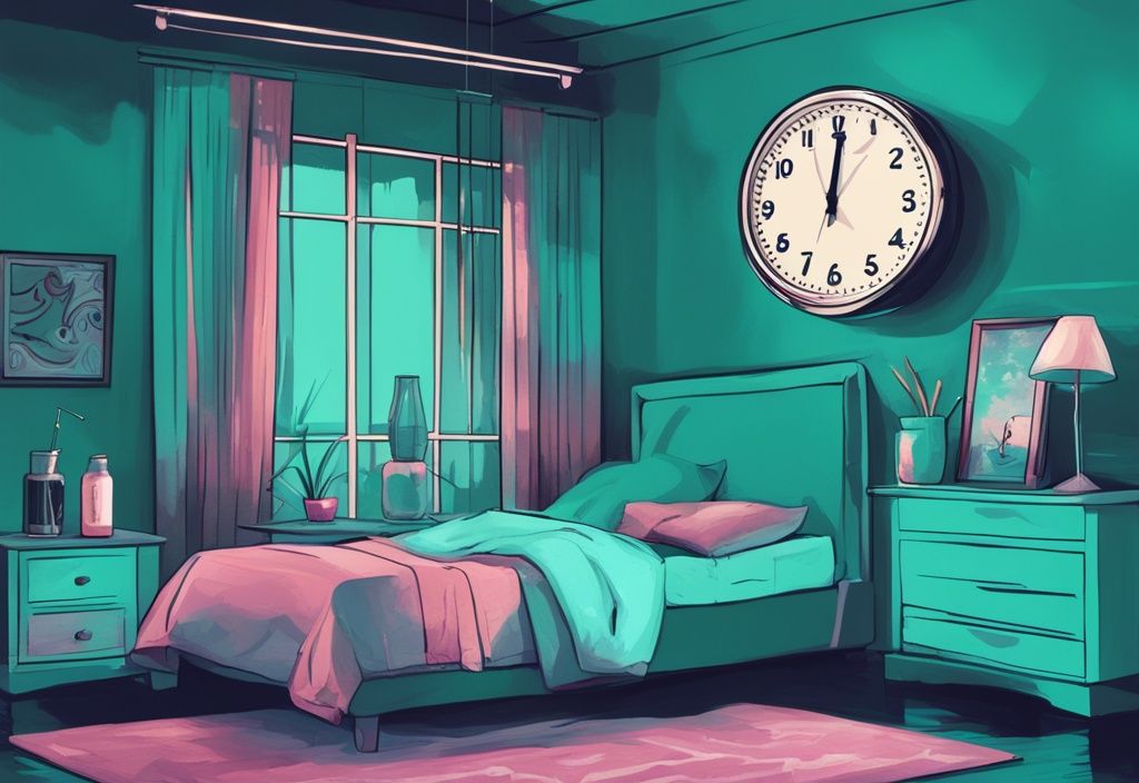 Illustrazione digitale moderna di una camera da letto tranquilla con tema principale color teal, un piccolo comodino con un bicchiere di frullato proteico e un orologio che segna l'ora di andare a letto.