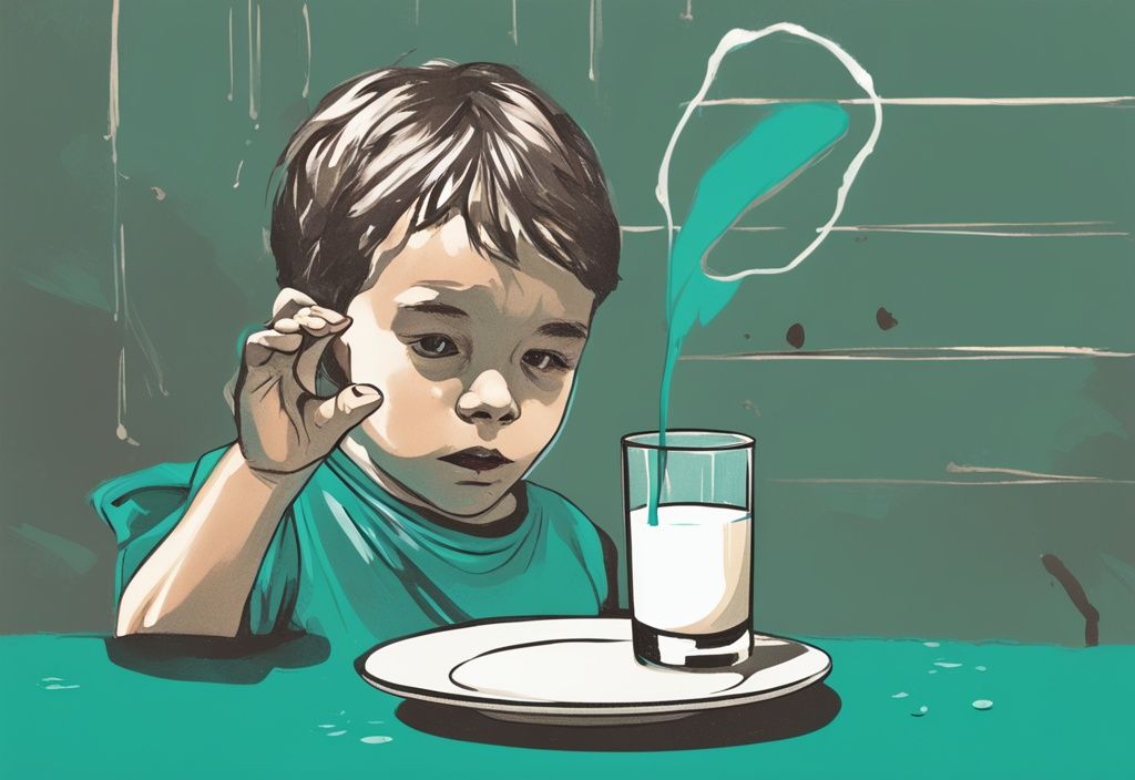 Illustrazione digitale moderna di un bambino angosciato che rifiuta un bicchiere di latte, con un simbolo di stop per rappresentare l'intolleranza alle proteine del latte.