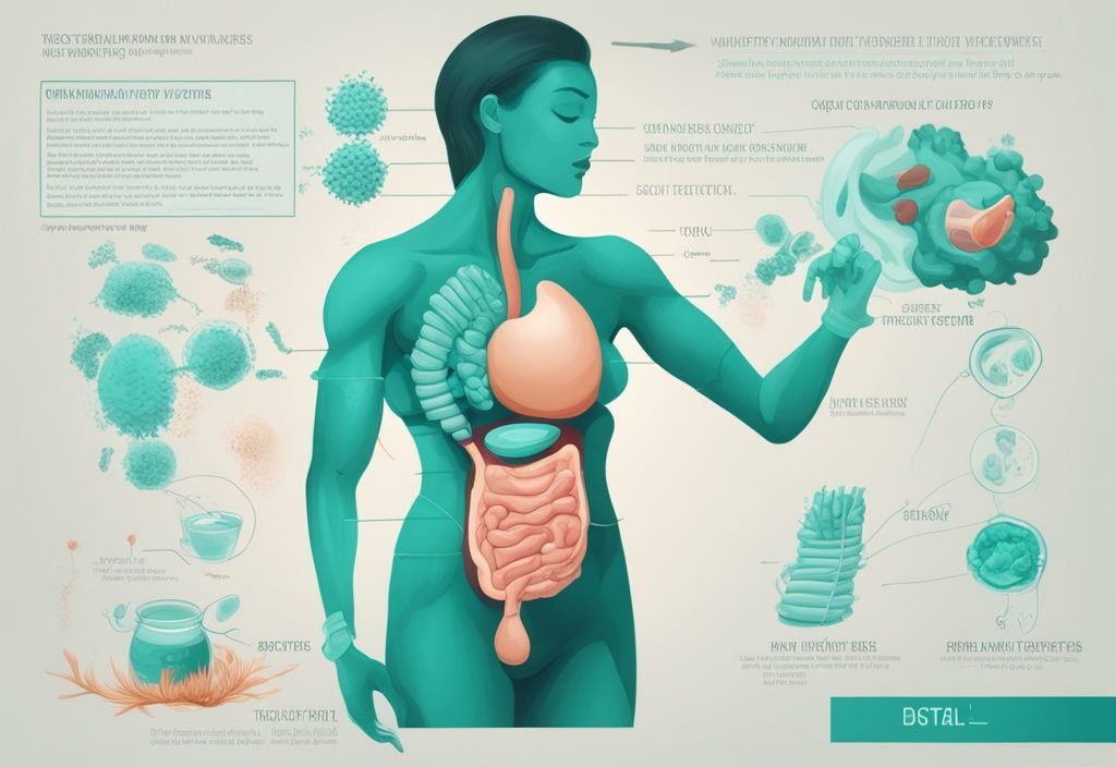 Illustrazione digitale moderna che mostra il processo di scomposizione delle proteine da parte degli enzimi nel sistema digestivo umano, tema colore principale teal.