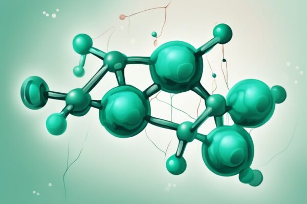 Illustrazione digitale moderna con tema principale color teal, che mostra due molecole di proteine dei piselli con aree contrassegnate, simbolizzando potenziali controindicazioni o effetti dannosi.