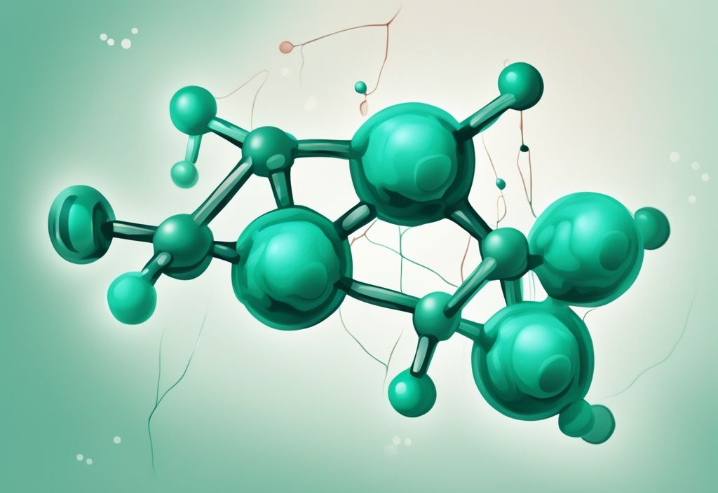 Illustrazione digitale moderna con tema principale color teal, che mostra due molecole di proteine dei piselli con aree contrassegnate, simbolizzando potenziali controindicazioni o effetti dannosi.