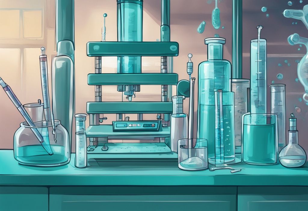 Illustrazione digitale moderna di laboratorio con pipette, provette e apparato di elettroforesi, scena del processo di elettroforesi della proteina S, tema colore teal.