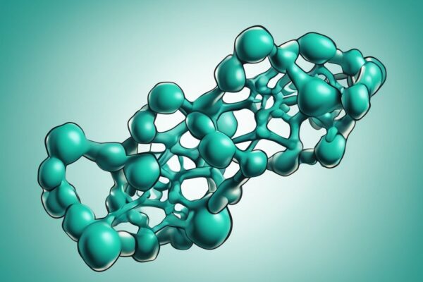 Illustrazione digitale moderna di una complessa molecola proteica 3D con struttura delle proteine a elica, tema principale color teal.