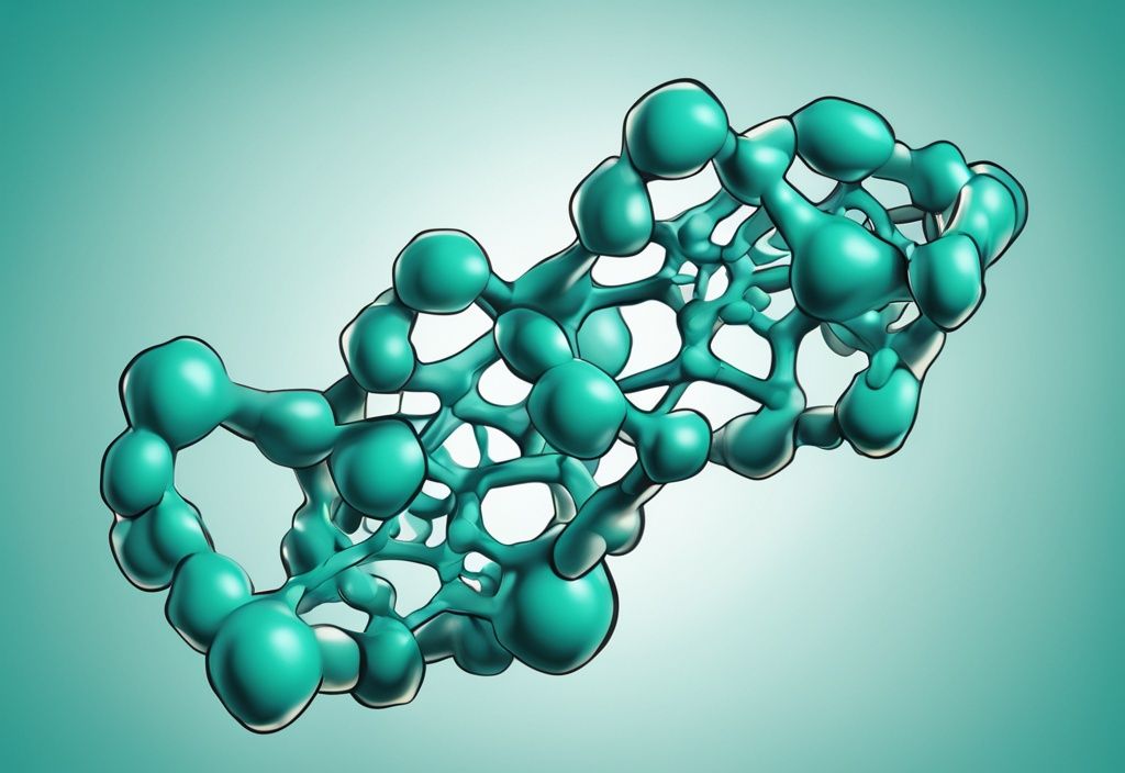 Illustrazione digitale moderna di una complessa molecola proteica 3D con struttura delle proteine a elica, tema principale color teal.