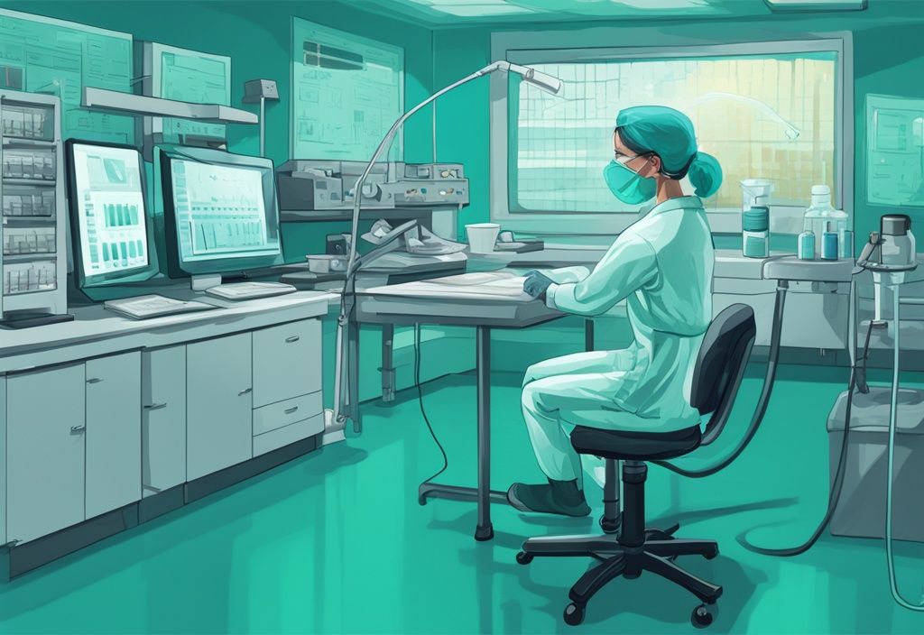 Illustrazione digitale moderna di un laboratorio con monitor che mostra il processo di Elettroforesi Delle Sieroproteine, tema colore principale teal.