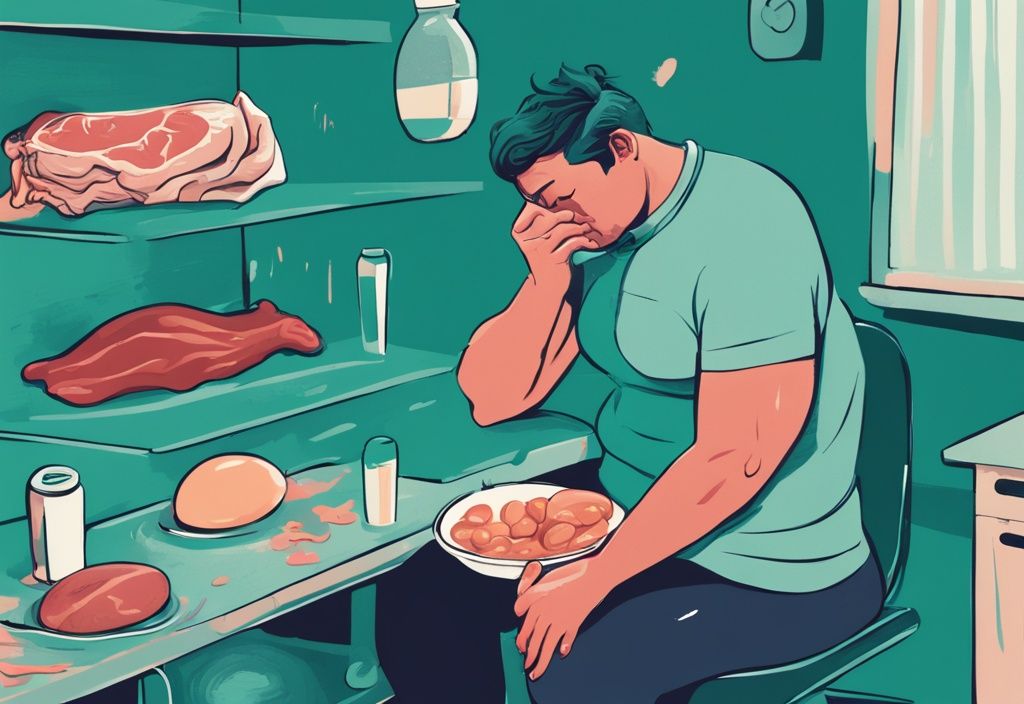 Illustrazione digitale moderna con tema colore teal che mostra una persona che sperimenta disagio come gonfiore e stanchezza, con simboli di fonti di proteine come carne, uova e frullati proteici che incombono su di loro, evidenziando eccesso di proteine effetti collaterali.