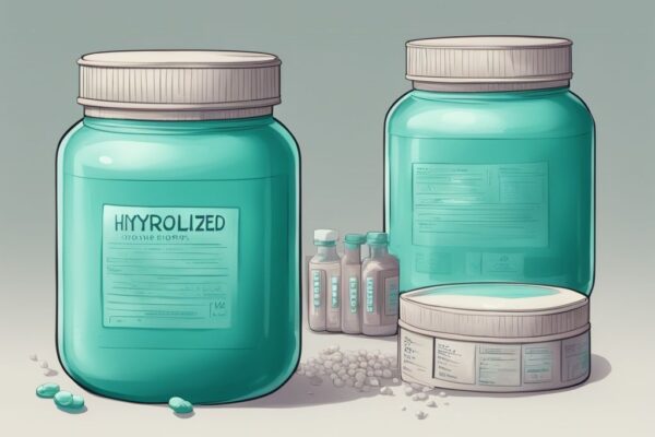 Illustrazione digitale moderna con due contenitori di polvere di proteine idrolizzate o isolate, con le scritte "Hydrolyzed Proteins" e "Isolated Proteins" chiaramente incise.