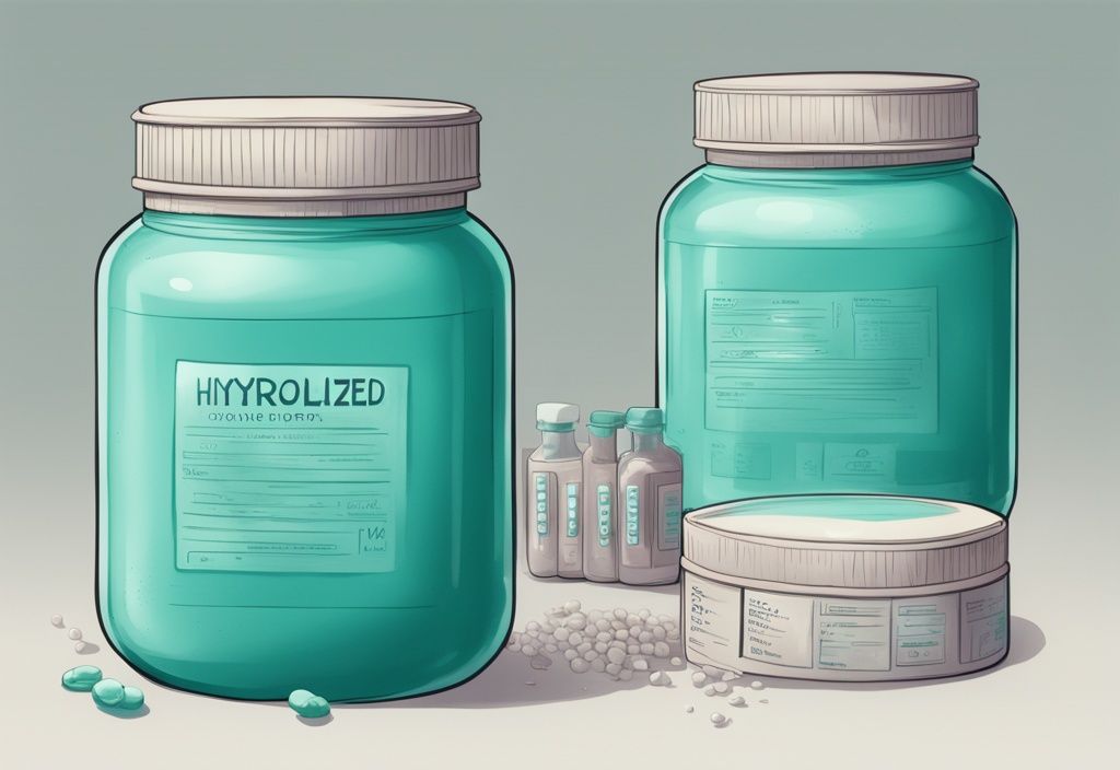 Illustrazione digitale moderna con due contenitori di polvere di proteine idrolizzate o isolate, con le scritte "Hydrolyzed Proteins" e "Isolated Proteins" chiaramente incise.