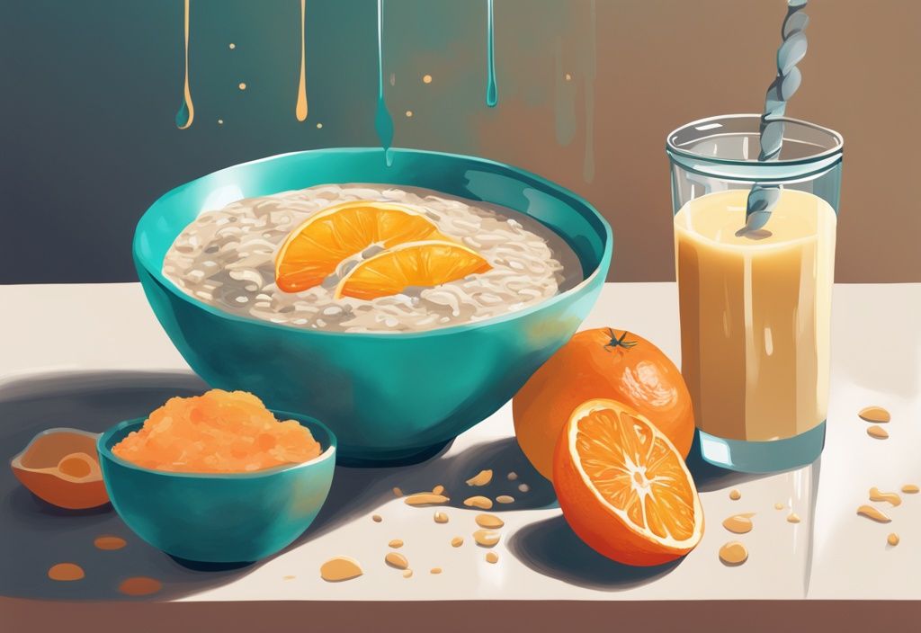 Colazione sana con proteine in polvere a colazione versate in una ciotola di avena, affiancata da un bicchiere di succo d'arancia e un piatto di frutta, illustrazione digitale moderna con tema colore teal.