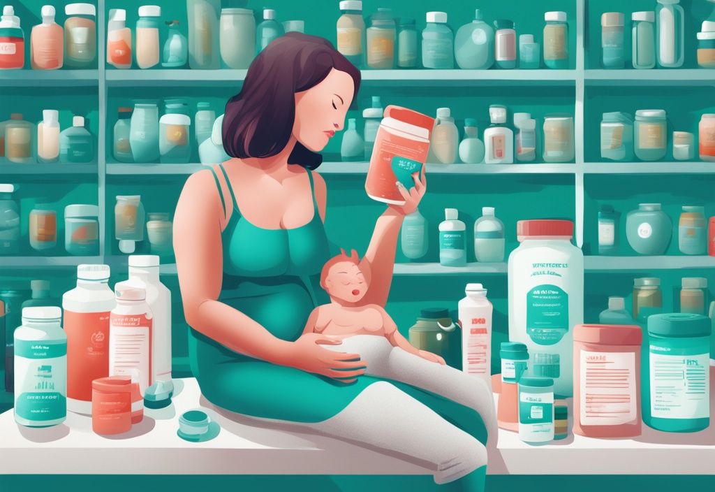 Illustrazione digitale moderna con tema principale color teal, scena cautelativa con contenitori di proteine in polvere e simboli di controindicazioni comuni come farmaci prescritti, donna incinta e persona con condizione renale.