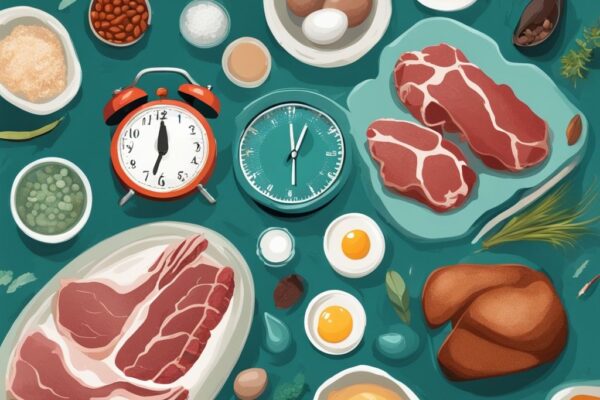 Illustrazione digitale moderna di cibi ricchi di proteine come carne, fagioli, uova e un orologio, che rappresenta il concetto di proteine a lento rilascio nel tempo.