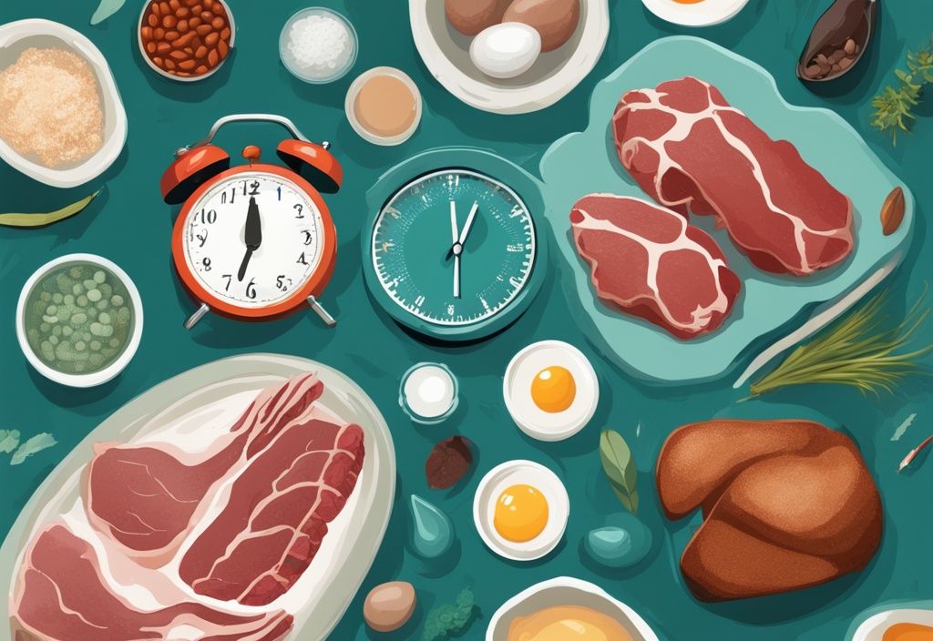 Illustrazione digitale moderna di cibi ricchi di proteine come carne, fagioli, uova e un orologio, che rappresenta il concetto di proteine a lento rilascio nel tempo.