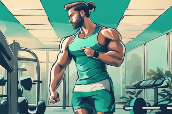 Illustrazione digitale moderna di un appassionato di fitness che consuma proteine in polvere dopo l'allenamento, con un orologio a muro evidenziato che mostra i momenti ottimali della giornata; quando prendere le proteine in polvere.