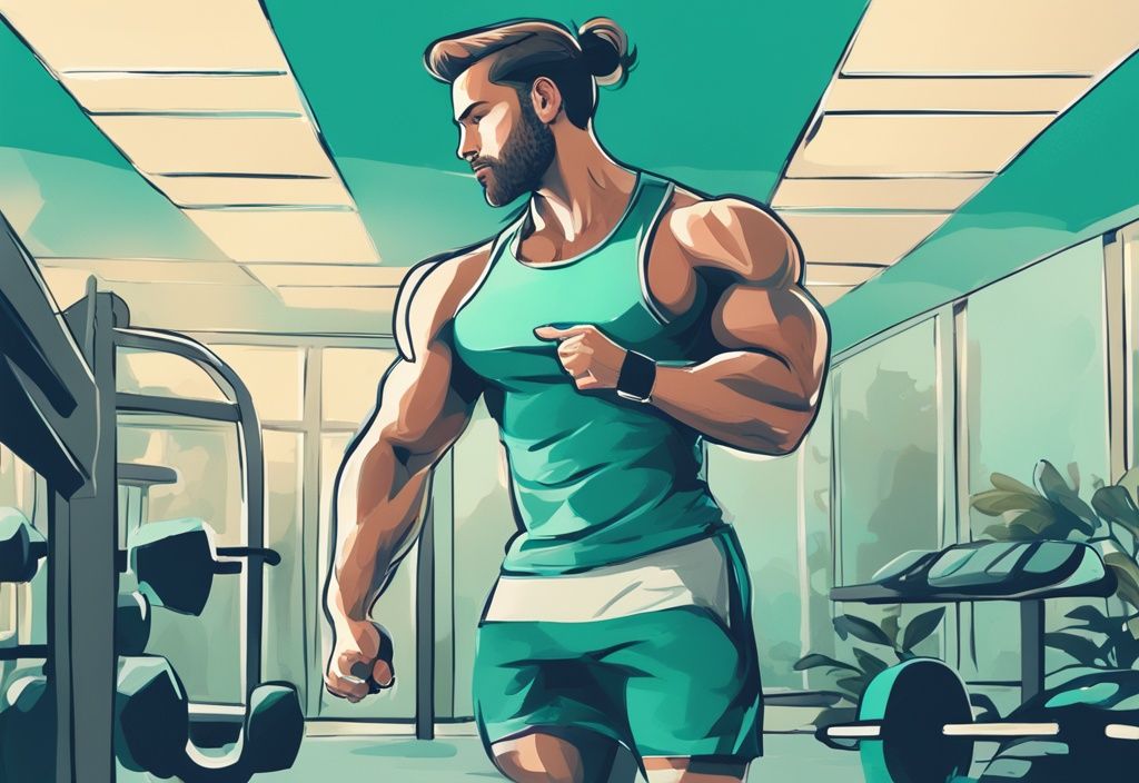 Illustrazione digitale moderna di un appassionato di fitness che consuma proteine in polvere dopo l'allenamento, con un orologio a muro evidenziato che mostra i momenti ottimali della giornata; quando prendere le proteine in polvere.