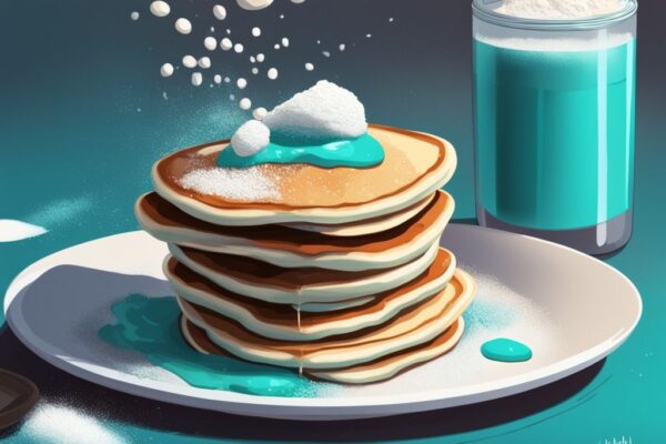 Illustrazione digitale moderna con tema colore teal, una pila di pancake con proteine in polvere, una pallina di proteine in polvere e uno shaker su un elegante piano cucina.