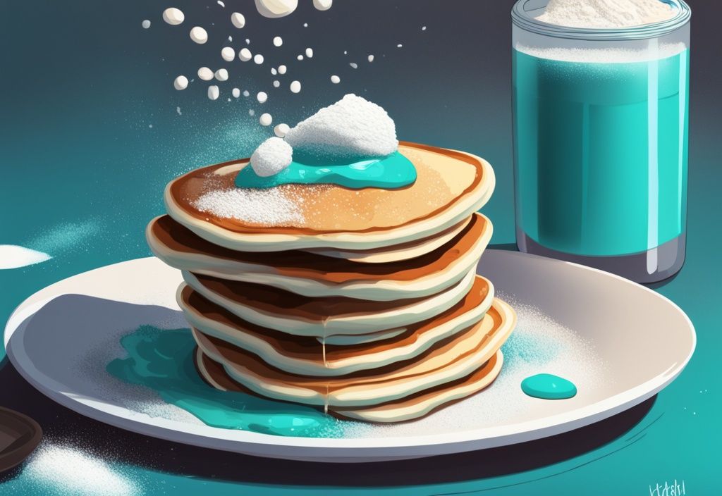 Illustrazione digitale moderna con tema colore teal, una pila di pancake con proteine in polvere, una pallina di proteine in polvere e uno shaker su un elegante piano cucina.