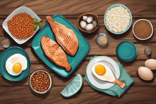 Illustrazione digitale moderna di cibi con proteine magre come petto di pollo alla griglia, filetto di salmone, uova sode e una varietà di fagioli e lenticchie su un tavolo da cucina in legno, con tema colore principale teal.