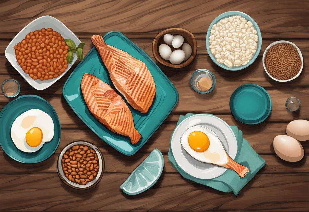 Illustrazione digitale moderna di cibi con proteine magre come petto di pollo alla griglia, filetto di salmone, uova sode e una varietà di fagioli e lenticchie su un tavolo da cucina in legno, con tema colore principale teal.