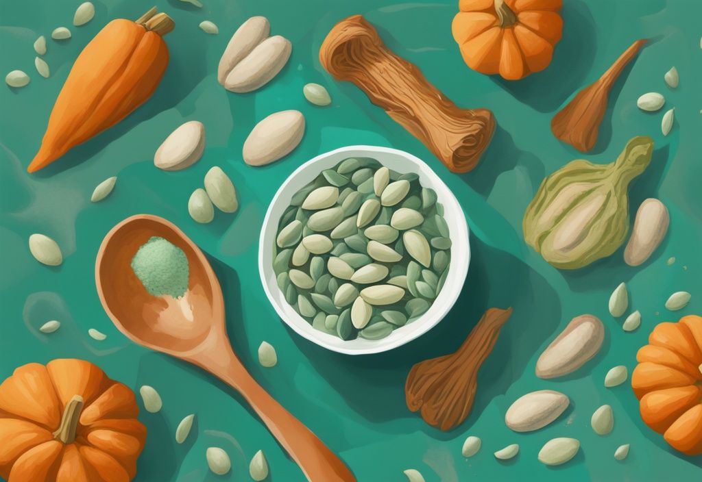 Illustrazione digitale moderna con semi di zucca, muscoli, articoli fitness e polvere proteica verde chiaro, tema colore teal.