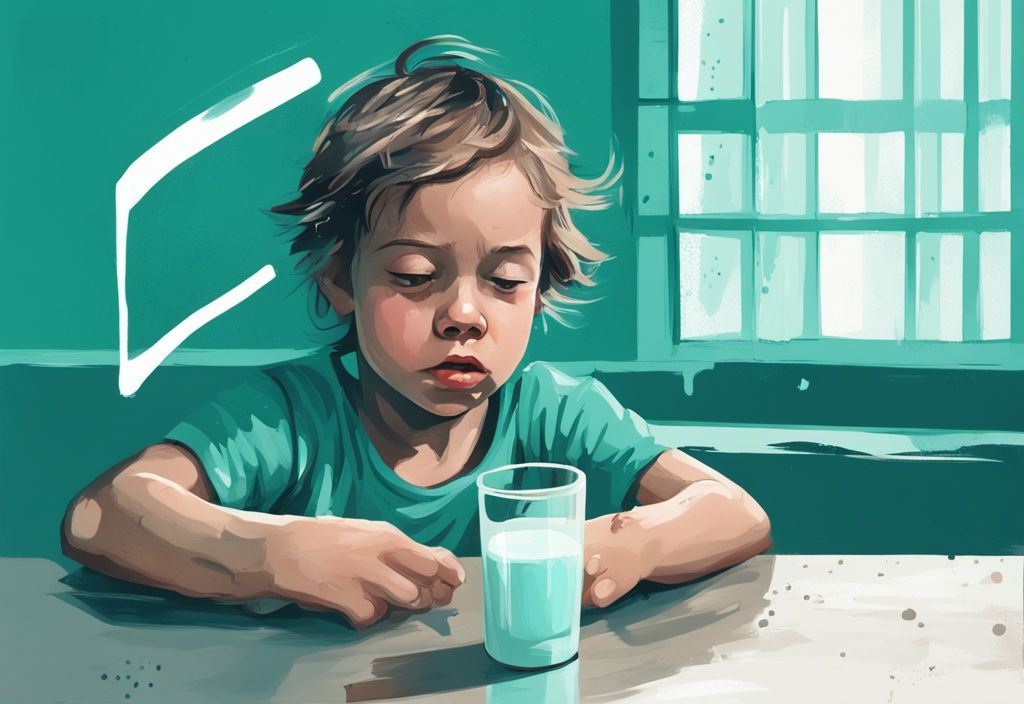 Illustrazione digitale moderna di un bambino angosciato che rifiuta un bicchiere di latte con simbolo di stop, tema intolleranza alle proteine del latte, colore principale teal.