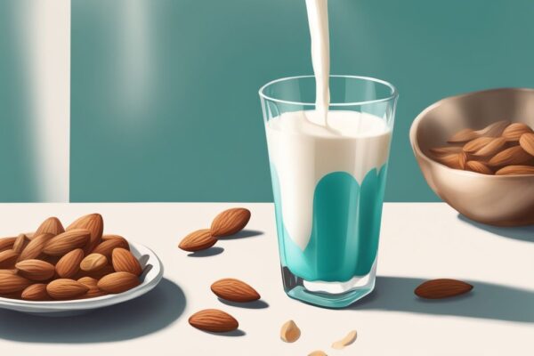 Illustrazione digitale moderna con tema colore teal, proteine in polvere senza lattosio versate in un bicchiere di latte di mandorla, con alcune mandorle e il contenitore delle proteine in polvere sullo sfondo.