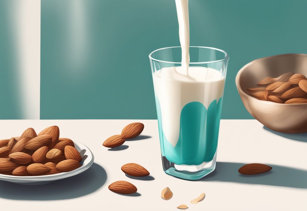 Illustrazione digitale moderna con tema colore teal, proteine in polvere senza lattosio versate in un bicchiere di latte di mandorla, con alcune mandorle e il contenitore delle proteine in polvere sullo sfondo.