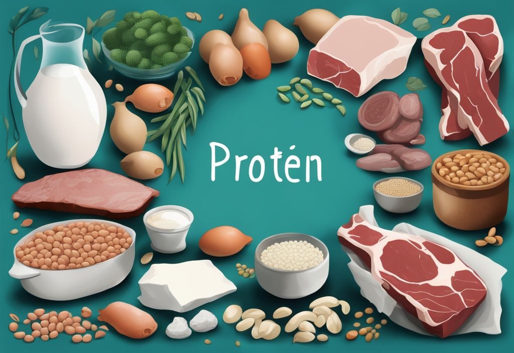 Illustrazione moderna di cibi ricchi di proteine come carne, pesce, legumi, semi e latticini su sfondo color teal.