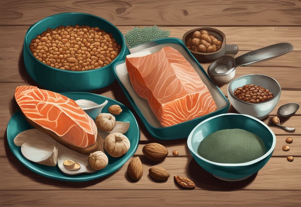 Illustrazione digitale moderna con tema principale color teal, con una varietà di cibi ricchi di arginina come noci, lenticchie, salmone e tacchino disposti esteticamente su un tavolo rustico in legno.