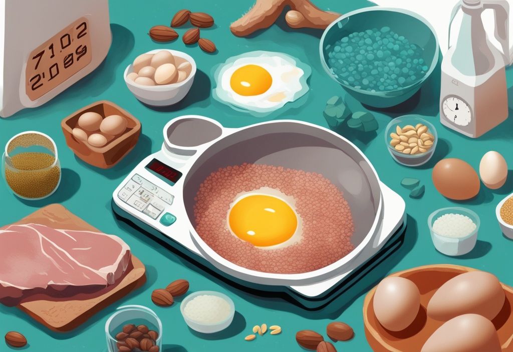 Illustrazione digitale moderna con tema colore teal, bilancia da cucina che mostra peso 70 kg quante proteine devo assumere, circondata da cibi ricchi di proteine come uova, noci, carne magra e legumi, con una nuvola di pensiero che mostra il calcolo dell'assunzione di proteine.