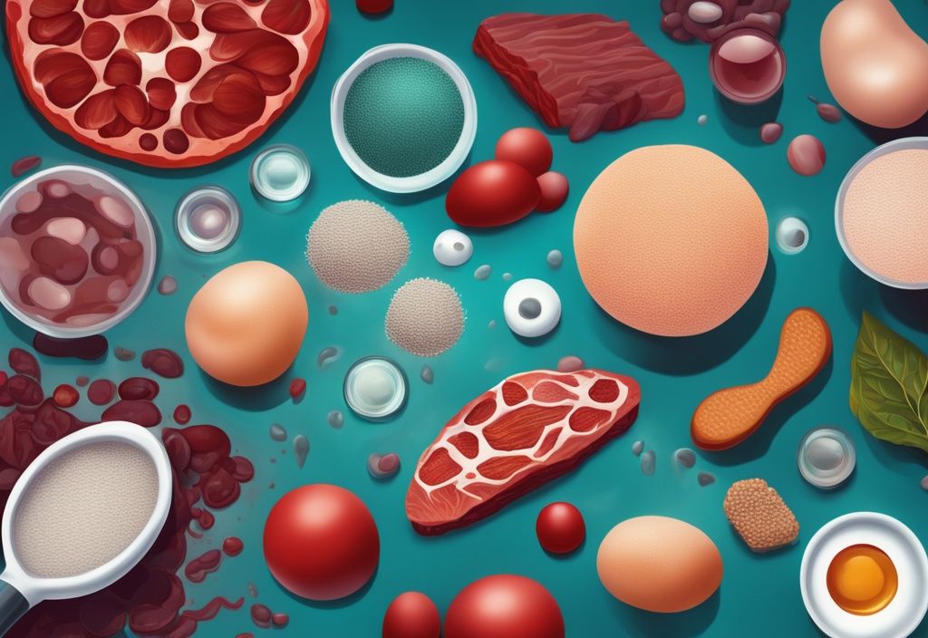 Illustrazione digitale moderna con tema principale in teal che mostra cibi sani ad alto contenuto proteico ingranditi al microscopio per rivelare proteine individuali, con globuli rossi sullo sfondo; proteine alte nel sangue.