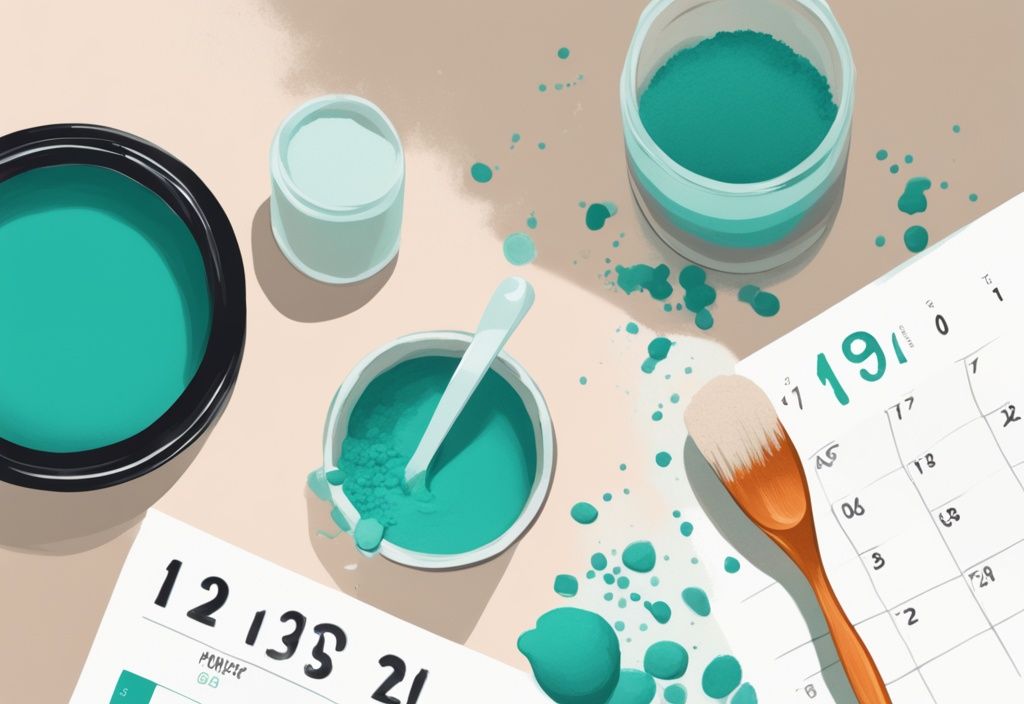 Illustrazione digitale moderna con tema principale color teal, calendario con giorni segnati, barattolo di proteine in polvere e misurino.