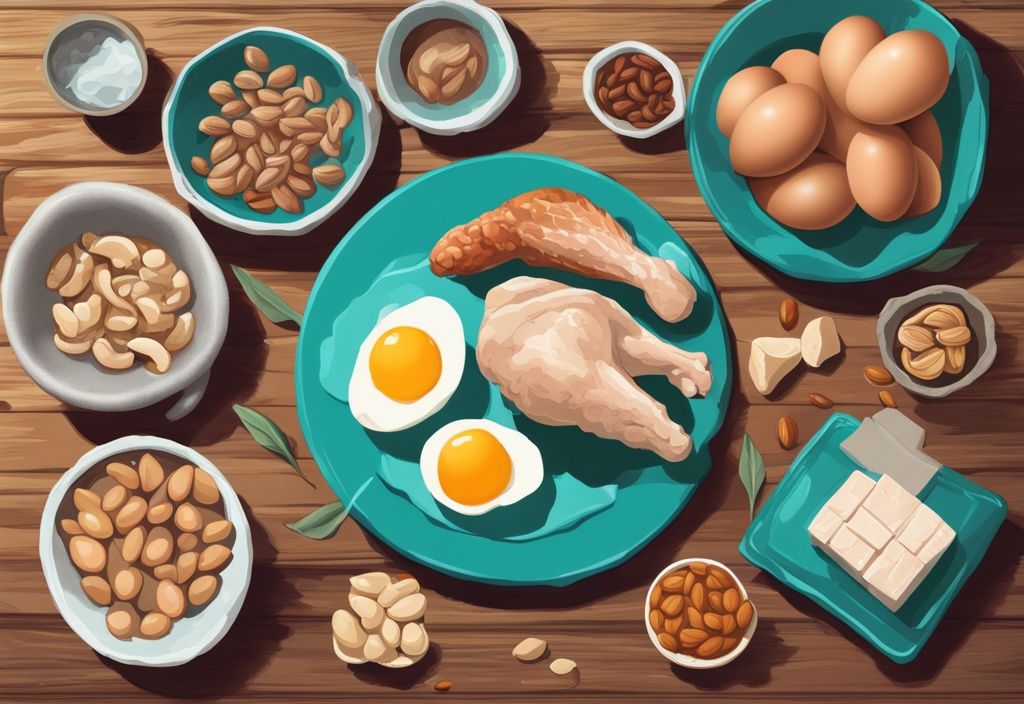 Illustrazione digitale moderna con tema principale color teal, raffigurante alimenti ricchi di proteine come uova, pollo, tofu e noci miste disposti ordinatamente su un tavolo di legno, con un braccio muscoloso che si protende per afferrarli.